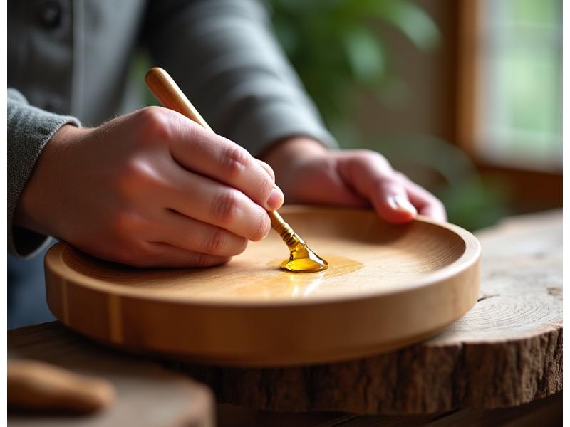 A close-up of a woodworker's hand applying a natural oil finish to a newly carved wooden bowl, emphasizing careful attention to detail.
