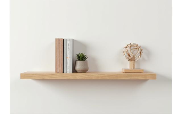 Sleek floating wooden shelf with hidden brackets, displaying minimalist decor.